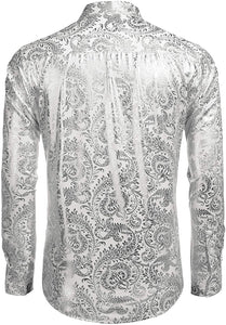 Men's Elegant White Sliver Floral Printed Dress Shirt