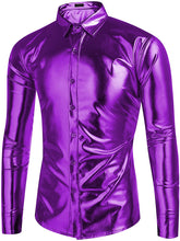 Load image into Gallery viewer, Metallic Shiny Purple Long Sleeve Slim Fit Button Down Party Shirts