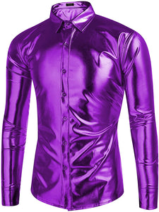 Metallic Shiny Purple Long Sleeve Slim Fit Button Down Party Shirts