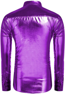 Metallic Shiny Purple Long Sleeve Slim Fit Button Down Party Shirts