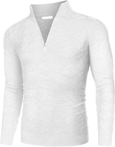 Men's White Quarter Zip Slim Fit Knitted  Sweater