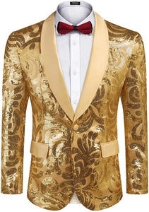Men's Shiny Gold Floral Sequin Stylish Tuxedo Blazer