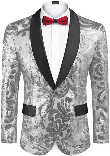 Men's Shiny Silver Floral Sequin Stylish Tuxedo Blazer