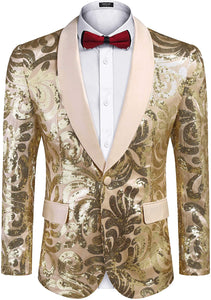 Men's Shiny Light Gold Floral Sequin Stylish Tuxedo Blazer