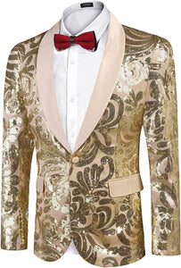 Men's Shiny Light Gold Floral Sequin Stylish Tuxedo Blazer