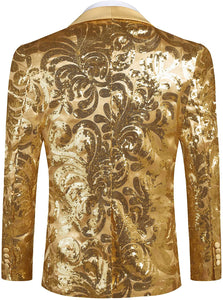 Men's Shiny Gold Floral Sequin Stylish Tuxedo Blazer