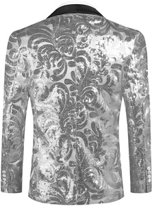 Men's Shiny Silver Floral Sequin Stylish Tuxedo Blazer