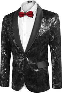 Men's Shiny Black Floral Sequin Stylish Tuxedo Blazer