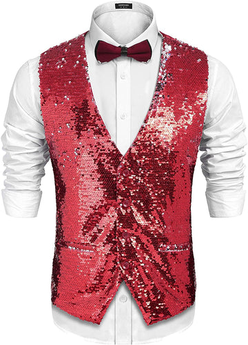 Men's Red Sequin Sleeveless Shiny Formal Vest
