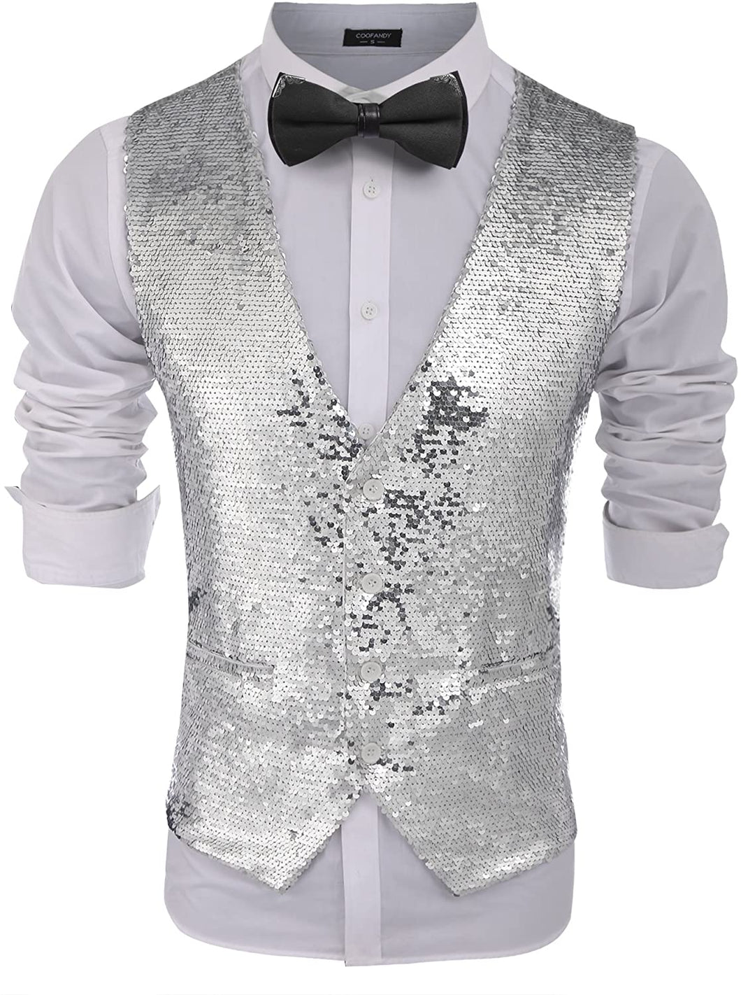 Men's Silver Slim Fit Sequins V-Neck Shiny Vest Coat