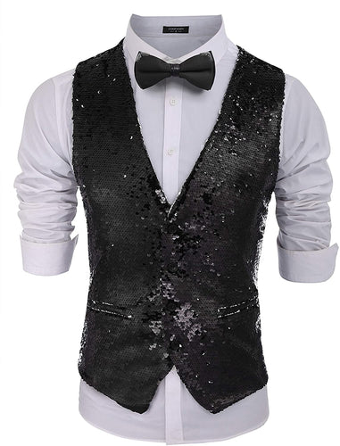 Men's Black Sequin Sleeveless Shiny Formal Vest