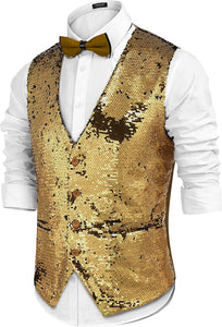 Men's Silver Slim Fit Sequins V-Neck Shiny Vest Coat