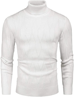 Men's Off White Slim Fit Turtleneck Sweater Casual Knitted Pullover Sweater