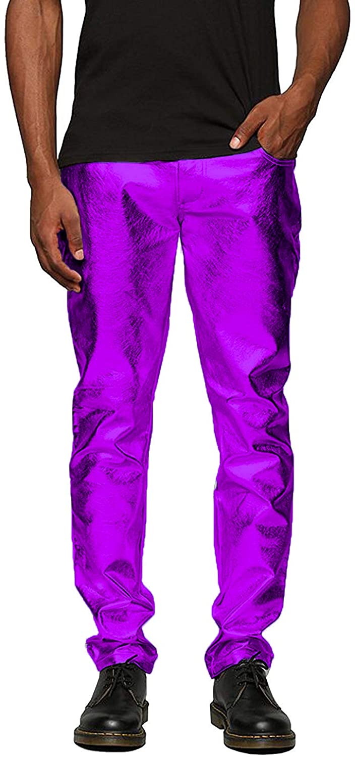 Metallic Purple Shiny Pants Straight Leg Trousers