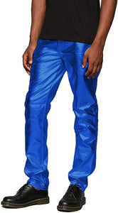 Metallic Blue Shiny Pants Straight Leg Trousers