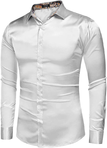 Men's Shiny Satin White Silk Long Sleeve Button Down Shirt