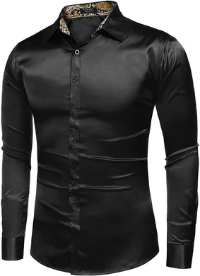 Men's Shiny Satin Black Silk Long Sleeve Button Down Shirt