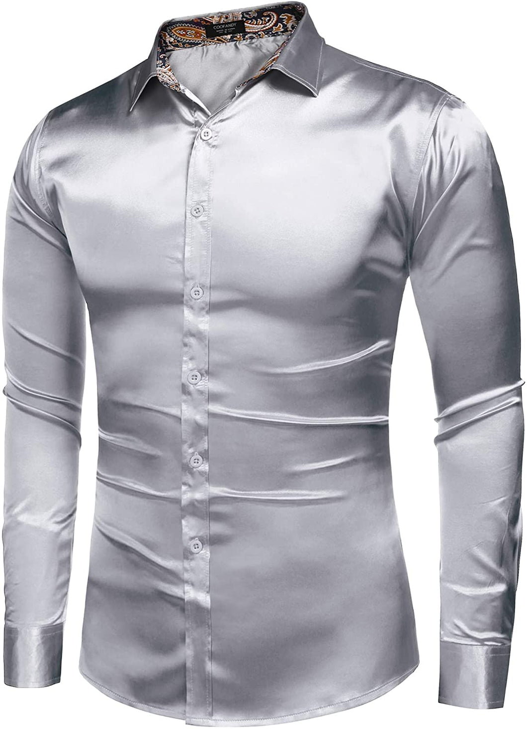 Men's Shiny Satin Silver Silk Long Sleeve Button Down Shirt