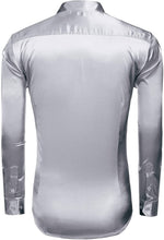 Load image into Gallery viewer, Men&#39;s Shiny Satin Silver Silk Long Sleeve Button Down Shirt