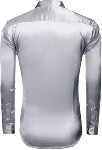 Men's Shiny Satin Silver Silk Long Sleeve Button Down Shirt