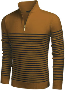 Men's Red Striped Zip Up Mock Neck Polo Slim Fit Sweater