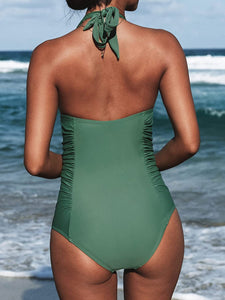 V-Neck Halter Green Backless One Piece Swimsuit
