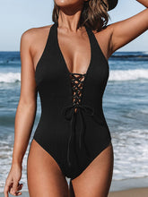 Load image into Gallery viewer, Lace Up Black Halter Backless One Piece Swimsuit