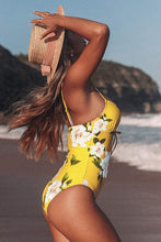 Load image into Gallery viewer, Lace Up Yellow Floral Print One Piece Swimsuit
