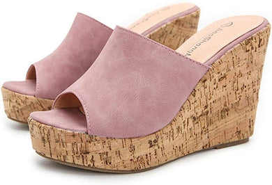 Soft Pink Cork Style Platform Wedge Sandals
