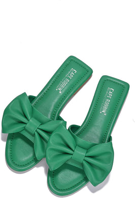 Summer Green Vegan Leather Bow Knit Flat Sandals