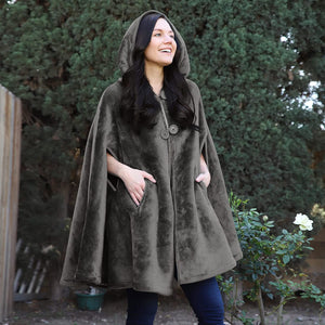 Modern Gray Sherpa Hooded Fleece Cloak Coat