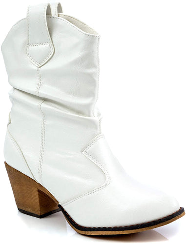 Women's Modern Western Cowboy Distressed White Boot with Pull-Up Tabs