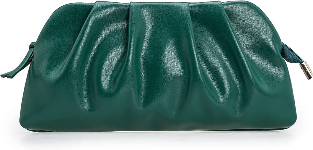 Pleated Emerald PU Soft Vegan Leather Clutch Bag