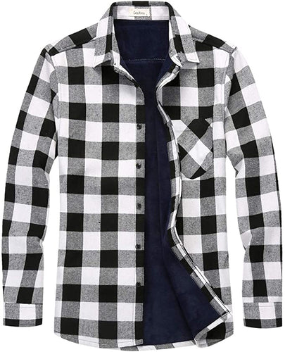 Men's Casual White Plaid Long Sleeve Fleece Shirt