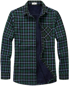 Men's Casual Green Plaid Long Sleeve Fleece Shirt