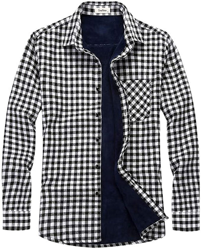 Men's Casual Black and White Plaid Long Sleeve Fleece Shirt