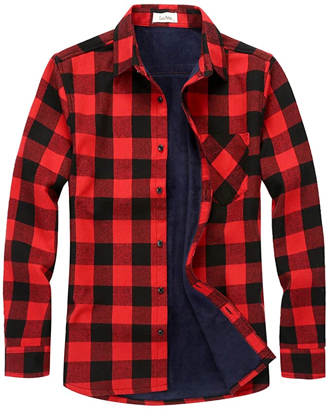 Men's Casual Red Plaid Long Sleeve Fleece Shirt