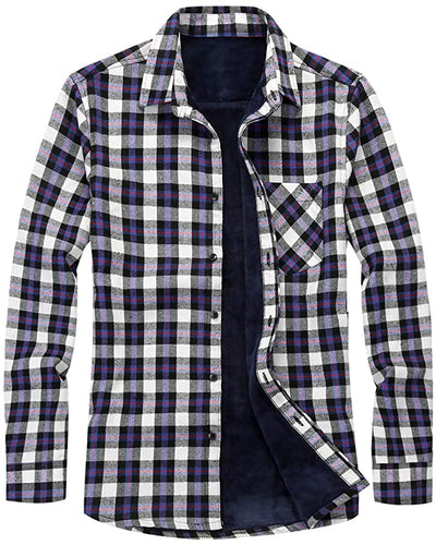 Men's Casual White/Purple Flannel Long Sleeve Fleece Shirt