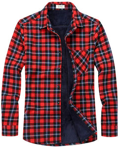 Men's Casual Red Plaid Flannel Long Sleeve Fleece Shirt