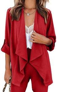 Red Draped Open Front Casual Long Sleeve Blazer