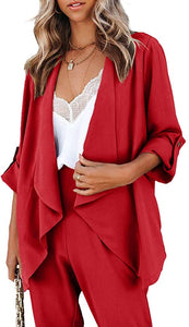 Red Draped Open Front Casual Long Sleeve Blazer