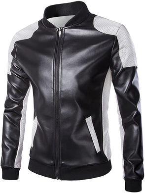 Men's Black & White Faux Leather Slim Fit Bomber Jacket