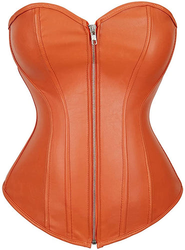 Punk Rock Orange Faux Leather Zipper Front Retro Corset