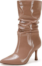 Load image into Gallery viewer, Mid Calf Khaki Faux Leather High Stiletto Boots