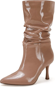 Mid Calf Khaki Faux Leather High Stiletto Boots