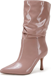Mid Calf Pink Faux Leather High Stiletto Boots