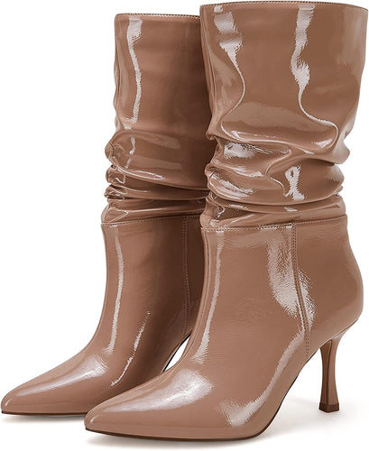 Mid Calf Khaki Faux Leather High Stiletto Boots