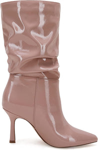 Mid Calf Pink Faux Leather High Stiletto Boots