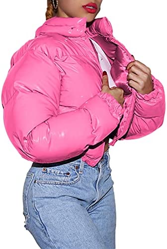 Metallic Pink Stand Collar Cropped Women's Puffer Jacket