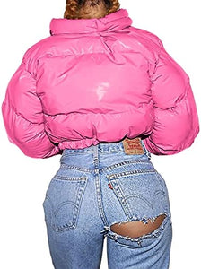 Metallic Pink Stand Collar Cropped Women's Puffer Jacket